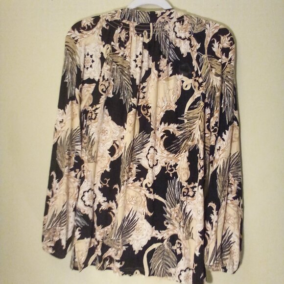 Belle Kim Gravel Blouse Women S Long Sleeve Soft Stretch Pattern Black Tan - Picture 12 of 15